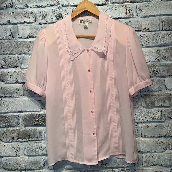 Vintage Tops - La Blouse Embroidered Pink Button Down